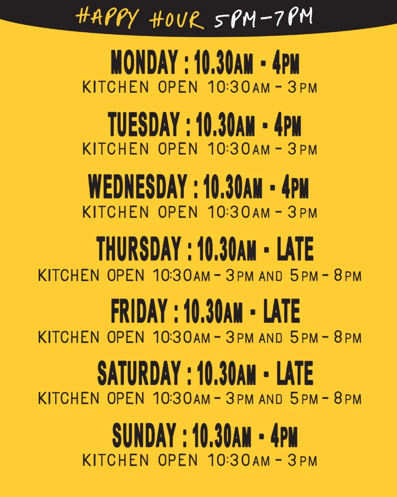 Restaurant opening hours and kitchen schedule.